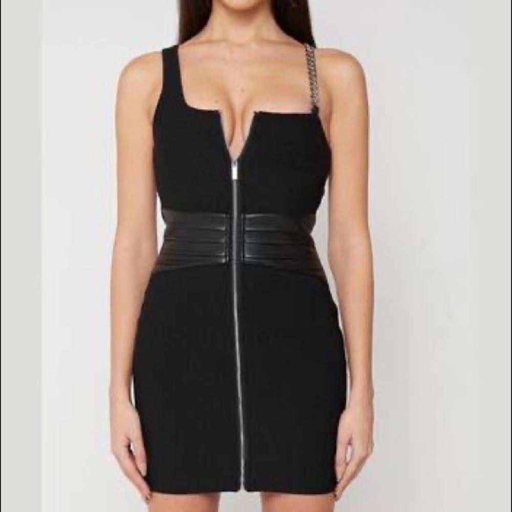 Maniere De Voir Ribbed Vegan Leather Mini Dress with Chain Strap NWOT